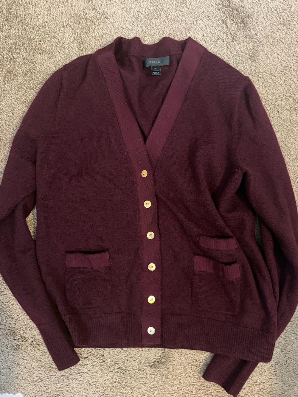 J. Crew Burgundy V-Neck Merino Wool Cardigan
